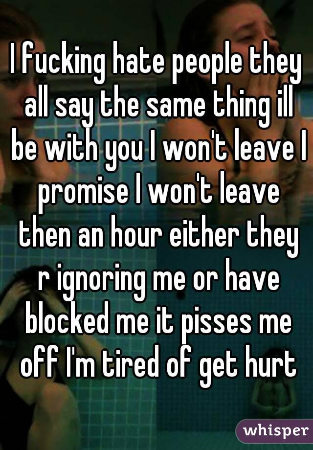 I fucking hate people they all say the same thing ill be with you I won't leave I promise I won't leave then an hour either they r ignoring me or have blocked me it pisses me off I'm tired of get hurt