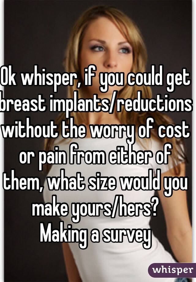 Ok whisper, if you could get breast implants/reductions without the worry of cost or pain from either of them, what size would you make yours/hers?
Making a survey