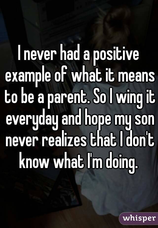 I never had a positive example of what it means to be a parent. So I wing it everyday and hope my son never realizes that I don't know what I'm doing. 