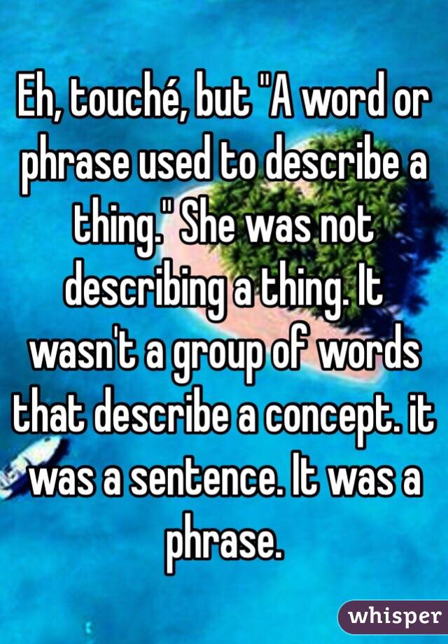 Eh, touché, but "A word or phrase used to describe a thing." She was not describing a thing. It wasn't a group of words that describe a concept. it was a sentence. It was a phrase. 