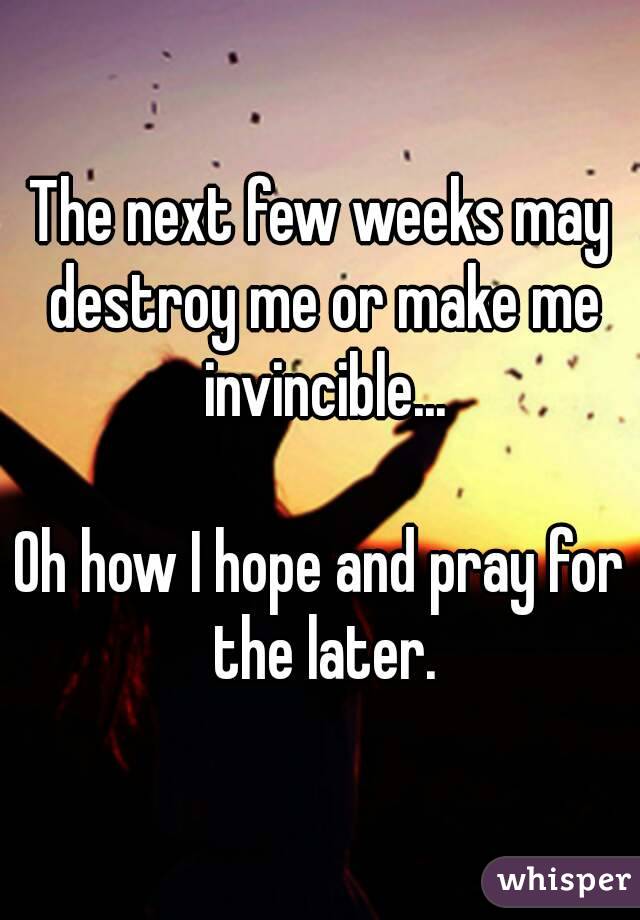 The next few weeks may destroy me or make me invincible...

Oh how I hope and pray for the later.