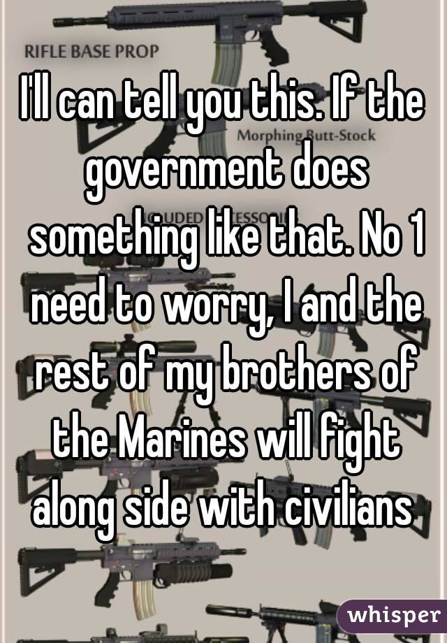 I'll can tell you this. If the government does something like that. No 1 need to worry, I and the rest of my brothers of the Marines will fight along side with civilians 