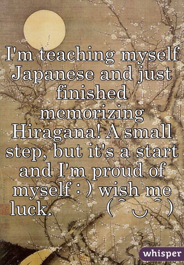 I'm teaching myself Japanese and just finished memorizing Hiragana! A small step, but it's a start and I'm proud of myself : ) wish me luck.          (＾◡＾) 
