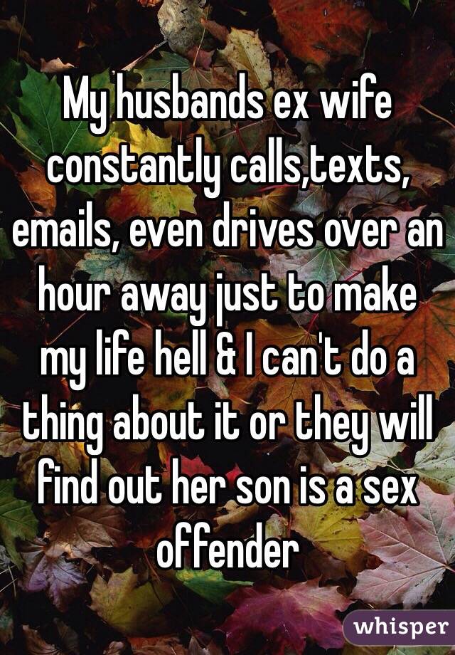 My husbands ex wife constantly calls,texts, emails, even drives over an hour away just to make my life hell & I can't do a thing about it or they will find out her son is a sex offender 