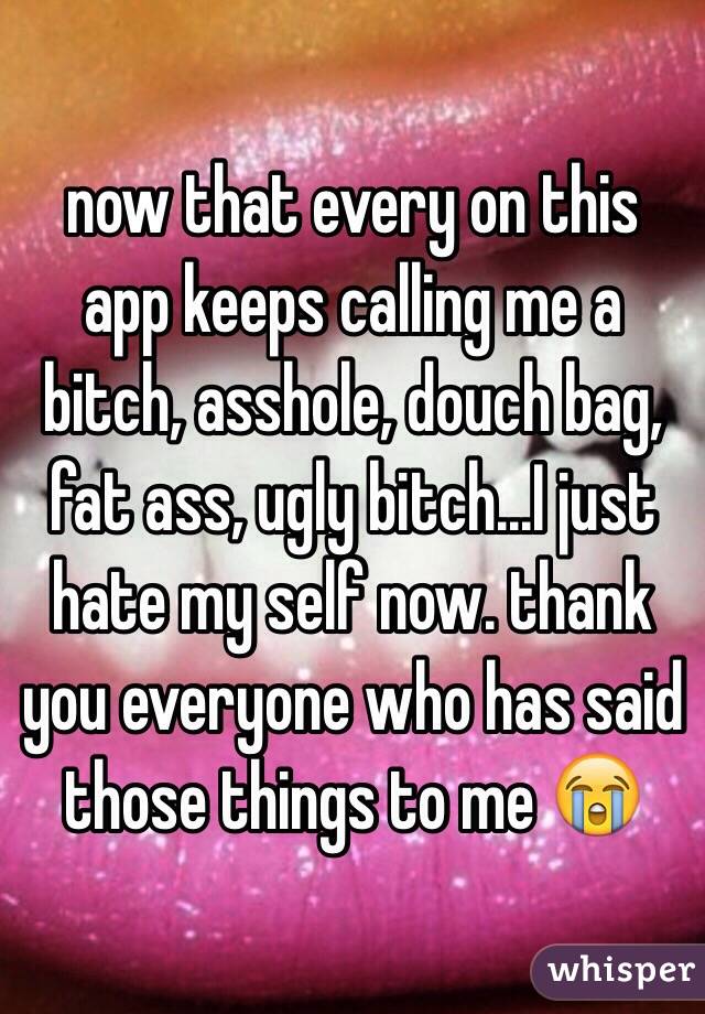 now that every on this app keeps calling me a bitch, asshole, douch bag, fat ass, ugly bitch...I just hate my self now. thank you everyone who has said those things to me 😭