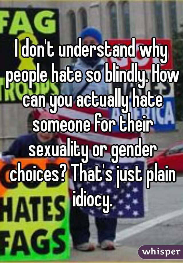 I don't understand why people hate so blindly. How can you actually hate someone for their sexuality or gender choices? That's just plain idiocy.