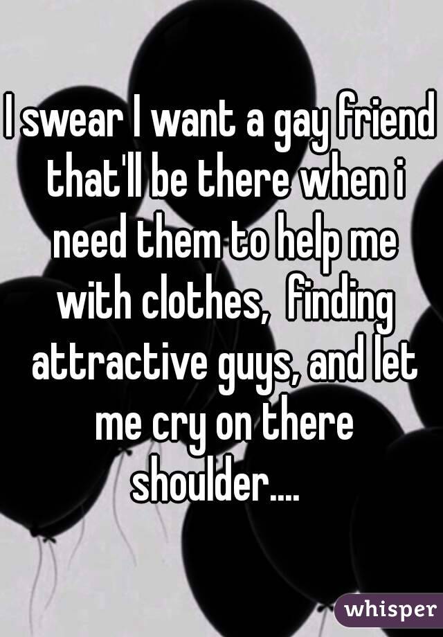 I swear I want a gay friend that'll be there when i need them to help me with clothes,  finding attractive guys, and let me cry on there shoulder....  