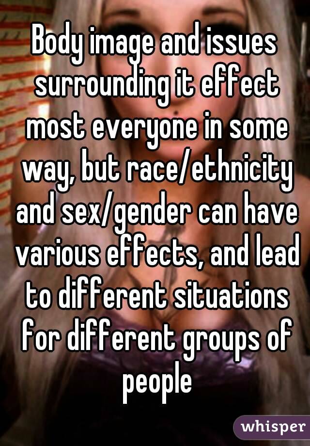 Body image and issues surrounding it effect most everyone in some way, but race/ethnicity and sex/gender can have various effects, and lead to different situations for different groups of people