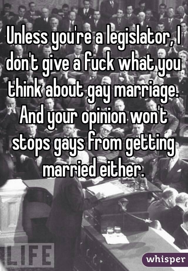 Unless you're a legislator, I don't give a fuck what you think about gay marriage. And your opinion won't stops gays from getting married either.