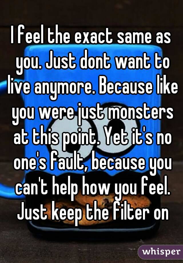 I feel the exact same as you. Just dont want to live anymore. Because like you were just monsters at this point. Yet it's no one's fault, because you can't help how you feel. Just keep the filter on
