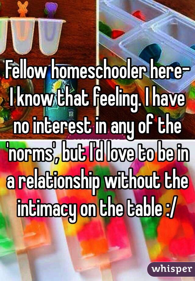 Fellow homeschooler here-
I know that feeling. I have no interest in any of the 'norms', but I'd love to be in a relationship without the intimacy on the table :/ 