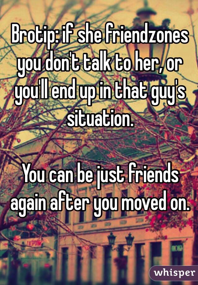 Brotip: if she friendzones you don't talk to her, or you'll end up in that guy's situation.

You can be just friends again after you moved on.