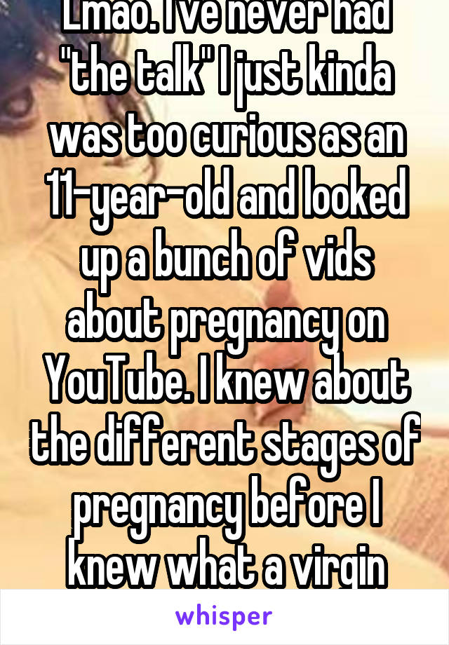 Lmao. I've never had "the talk" I just kinda was too curious as an 11-year-old and looked up a bunch of vids about pregnancy on YouTube. I knew about the different stages of pregnancy before I knew what a virgin was.
