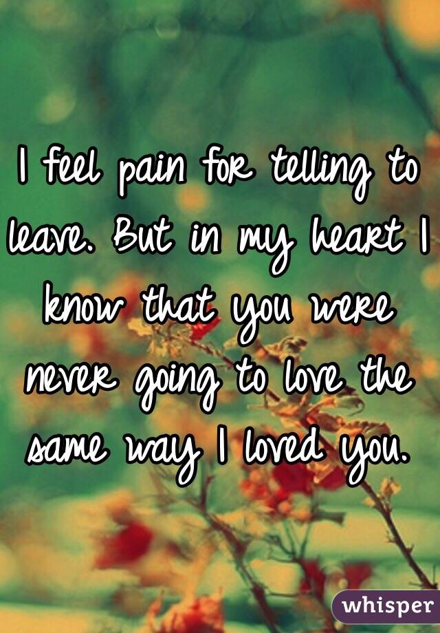 I feel pain for telling to leave. But in my heart I know that you were never going to love the same way I loved you. 