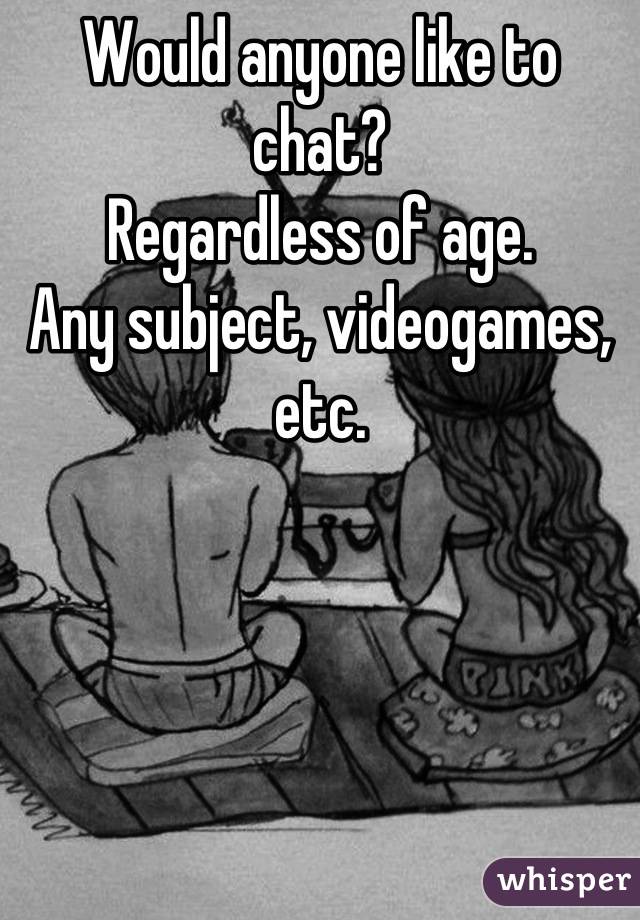 Would anyone like to chat?
Regardless of age. 
Any subject, videogames, etc.