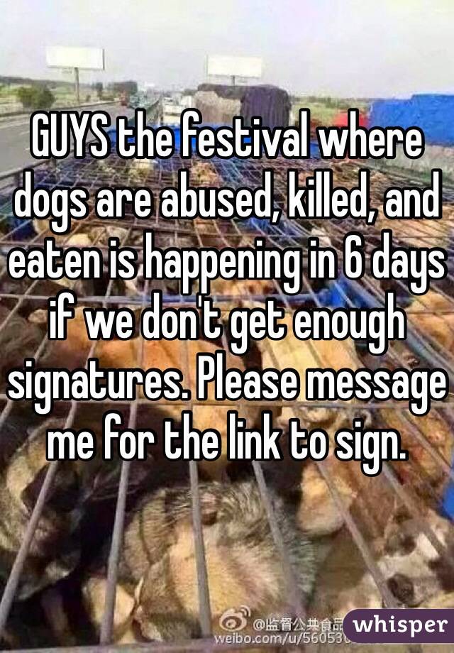 GUYS the festival where dogs are abused, killed, and eaten is happening in 6 days if we don't get enough signatures. Please message me for the link to sign. 