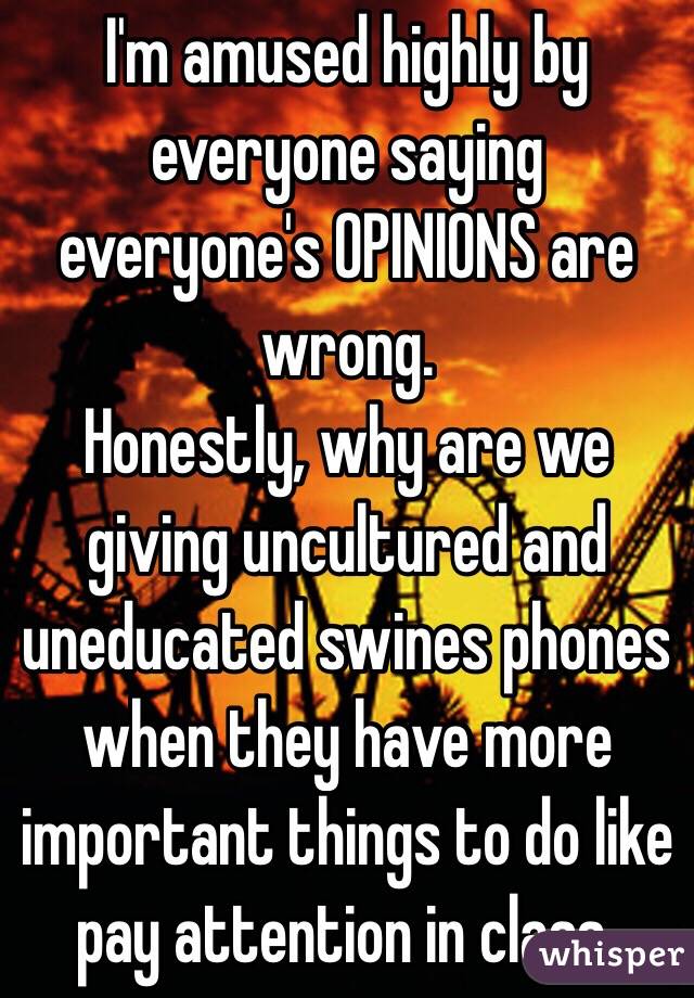 I'm amused highly by everyone saying everyone's OPINIONS are wrong. 
Honestly, why are we giving uncultured and uneducated swines phones when they have more important things to do like pay attention in class.