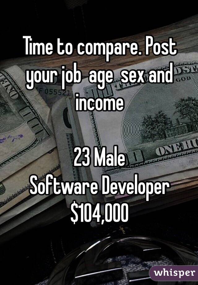 Time to compare. Post your job  age  sex and income 

23 Male 
 Software Developer
$104,000