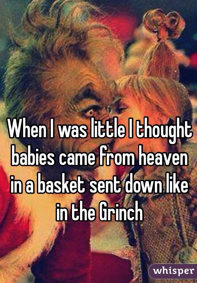 When I was little I thought babies came from heaven in a basket sent down like in the Grinch