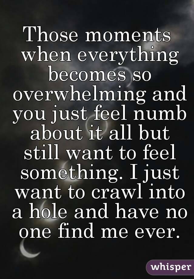 Those moments when everything becomes so overwhelming and you just feel numb about it all but still want to feel something. I just want to crawl into a hole and have no one find me ever.