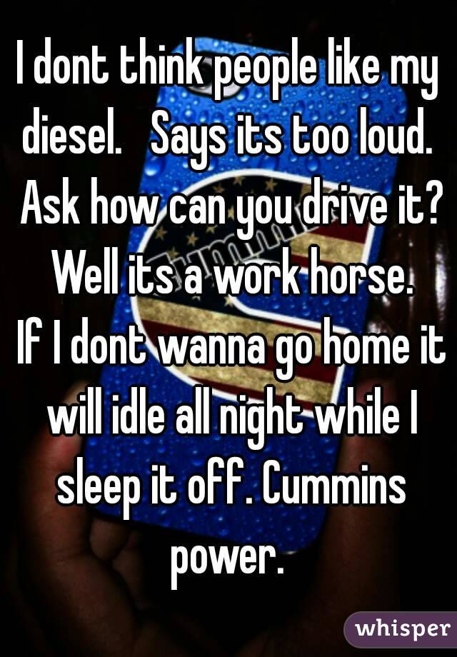 I dont think people like my diesel.   Says its too loud.  Ask how can you drive it?   Well its a work horse.   If I dont wanna go home it will idle all night while I sleep it off. Cummins power. 