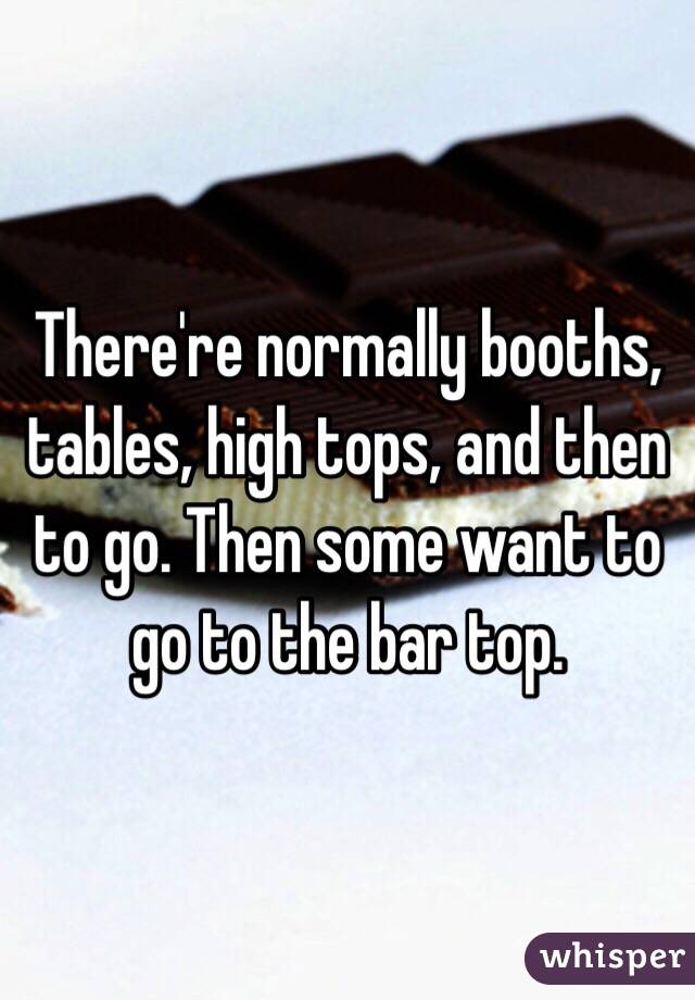 There're normally booths, tables, high tops, and then to go. Then some want to go to the bar top. 