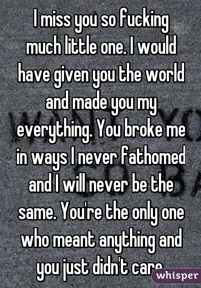 I miss you so fucking much little one. I would have given you the world and made you my everything. You broke me in ways I never fathomed and I will never be the same. You're the only one who meant anything and you just didn't care.