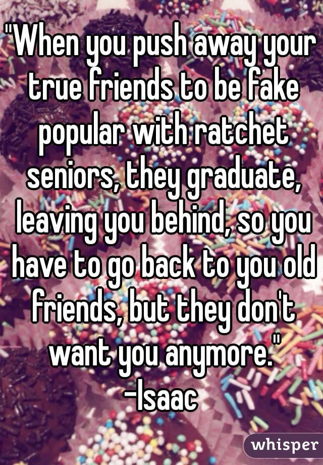 "When you push away your true friends to be fake popular with ratchet seniors, they graduate, leaving you behind, so you have to go back to you old friends, but they don't want you anymore."
-Isaac
