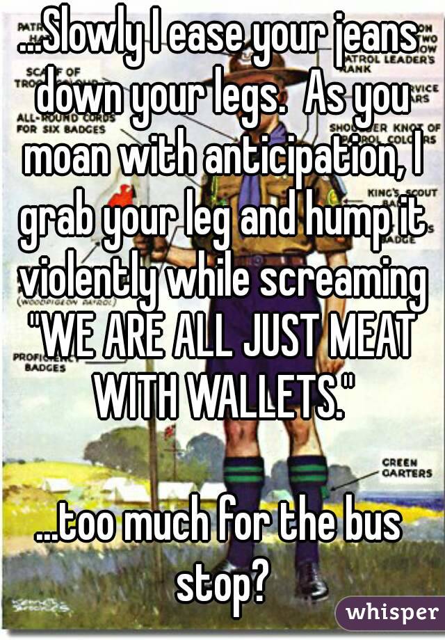 ...Slowly I ease your jeans down your legs.  As you moan with anticipation, I grab your leg and hump it violently while screaming "WE ARE ALL JUST MEAT WITH WALLETS."

...too much for the bus stop?