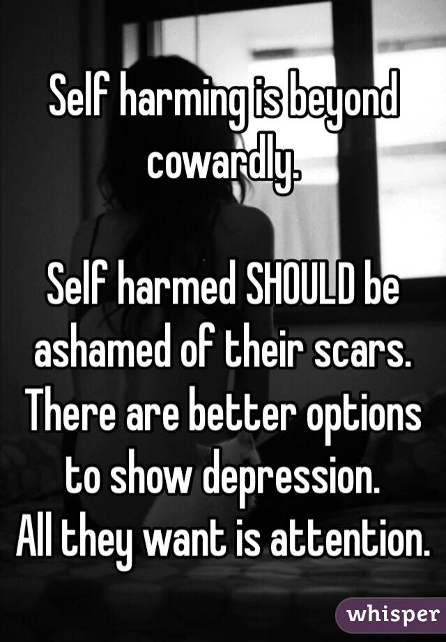 Self harming is beyond cowardly. 

Self harmed SHOULD be ashamed of their scars. 
There are better options to show depression. 
All they want is attention. 