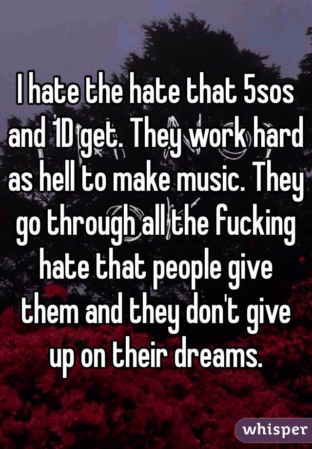 I hate the hate that 5sos and 1D get. They work hard as hell to make music. They go through all the fucking hate that people give them and they don't give up on their dreams. 