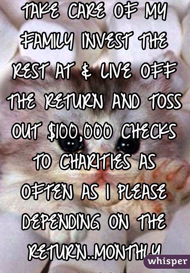 I'D PAY OFF BILLS, TAKE CARE OF MY FAMILY INVEST THE REST AT & LIVE OFF THE RETURN AND TOSS OUT $100,000 CHECKS TO CHARITIES AS OFTEN AS I PLEASE DEPENDING ON THE RETURN..MONTHLY MAYBE WEEKLY!