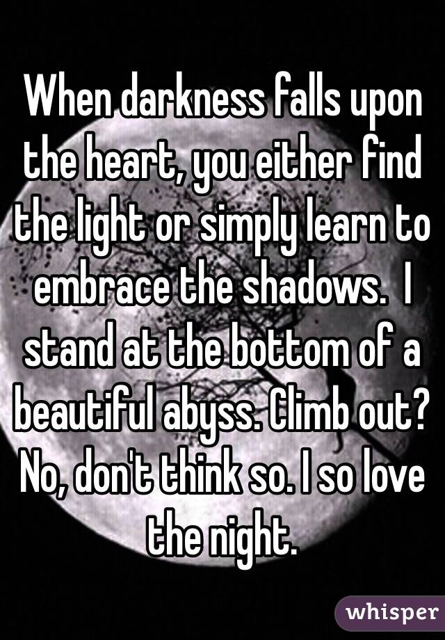 When darkness falls upon the heart, you either find the light or simply learn to embrace the shadows.  I stand at the bottom of a beautiful abyss. Climb out? No, don't think so. I so love the night. 