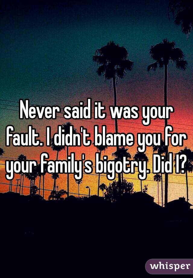 Never said it was your fault. I didn't blame you for your family's bigotry. Did I?