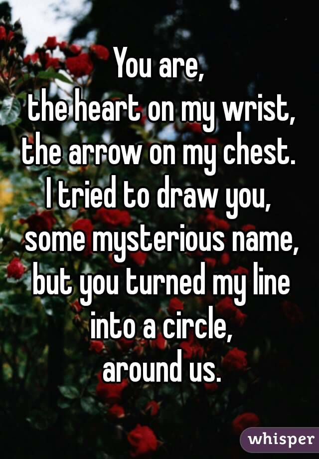 You are,
 the heart on my wrist,
 the arrow on my chest. 
I tried to draw you,
 some mysterious name,
 but you turned my line
 into a circle,
 around us.