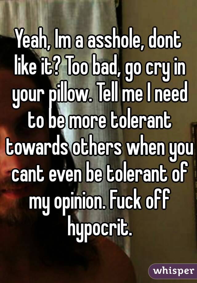 Yeah, Im a asshole, dont like it? Too bad, go cry in your pillow. Tell me I need to be more tolerant towards others when you cant even be tolerant of my opinion. Fuck off hypocrit.