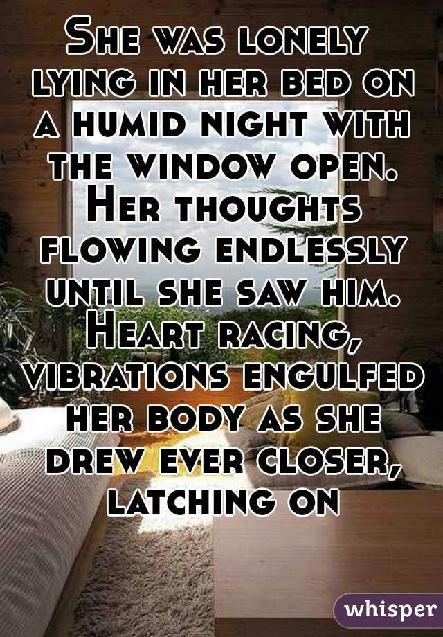 She was lonely lying in her bed on a humid night with the window open. Her thoughts flowing endlessly until she saw him. Heart racing, vibrations engulfed her body as she drew ever closer, latching on