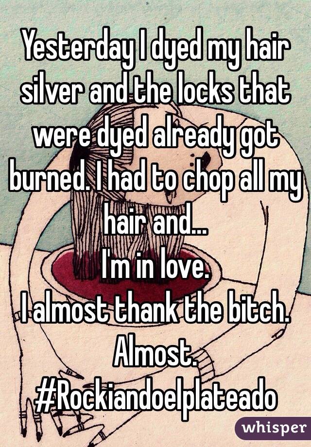 Yesterday I dyed my hair silver and the locks that were dyed already got burned. I had to chop all my hair and...
I'm in love. 
I almost thank the bitch.
Almost.
#Rockiandoelplateado