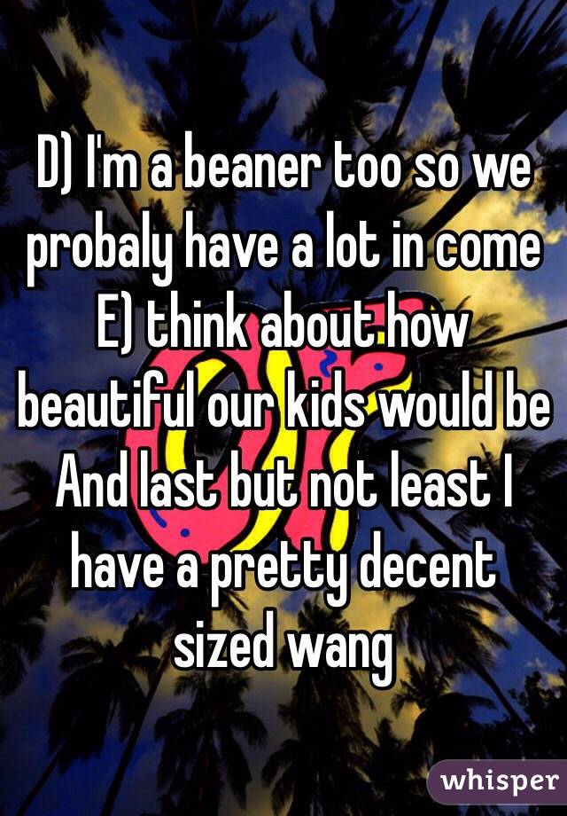 D) I'm a beaner too so we probaly have a lot in come 
E) think about how beautiful our kids would be 
And last but not least I have a pretty decent sized wang 