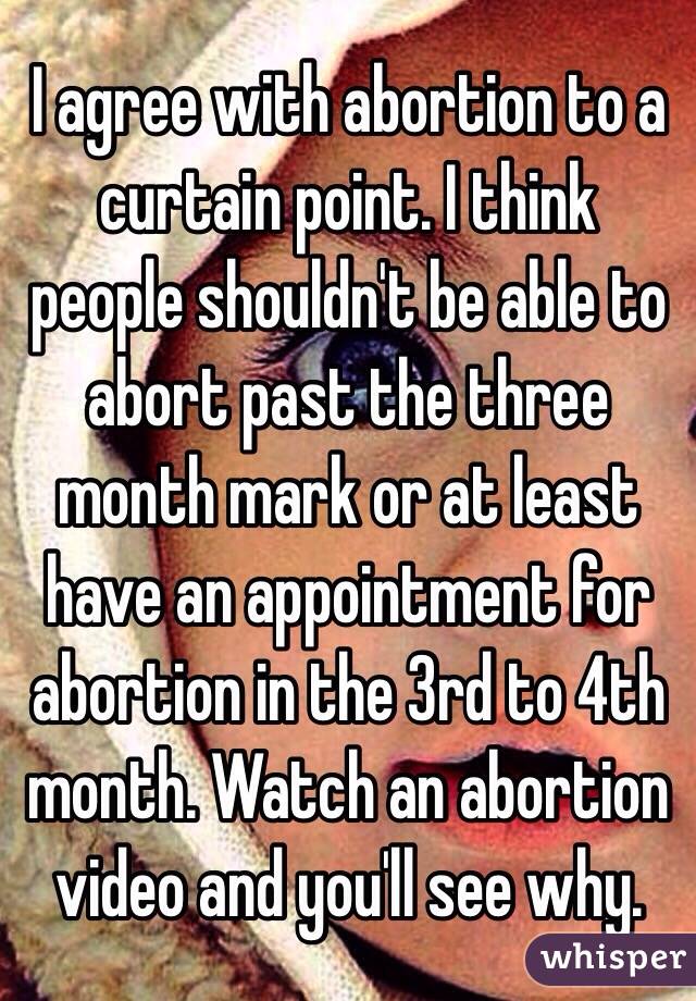 I agree with abortion to a curtain point. I think people shouldn't be able to abort past the three month mark or at least have an appointment for abortion in the 3rd to 4th month. Watch an abortion video and you'll see why. 