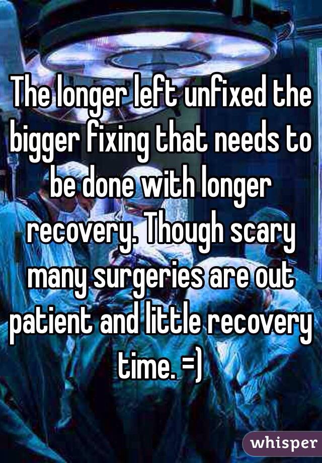 The longer left unfixed the bigger fixing that needs to be done with longer recovery. Though scary many surgeries are out patient and little recovery time. =) 
