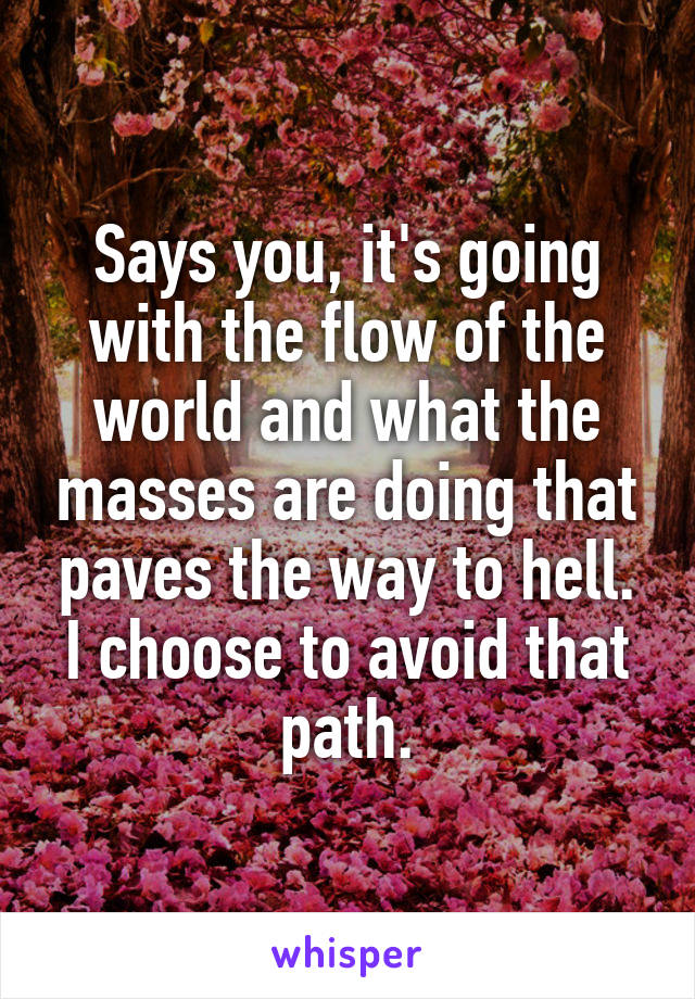 Says you, it's going with the flow of the world and what the masses are doing that paves the way to hell. I choose to avoid that path.