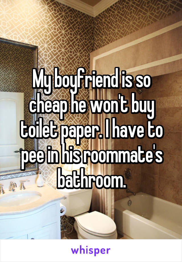My boyfriend is so cheap he won't buy toilet paper. I have to pee in his roommate's bathroom.