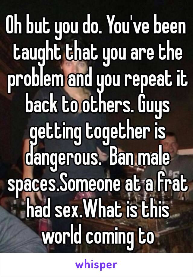 Oh but you do. You've been taught that you are the problem and you repeat it back to others. Guys getting together is dangerous.  Ban male spaces.Someone at a frat had sex.What is this world coming to