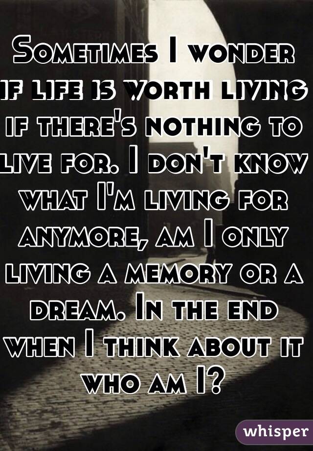 Sometimes I wonder if life is worth living if there's nothing to live for. I don't know what I'm living for anymore, am I only living a memory or a dream. In the end when I think about it who am I?