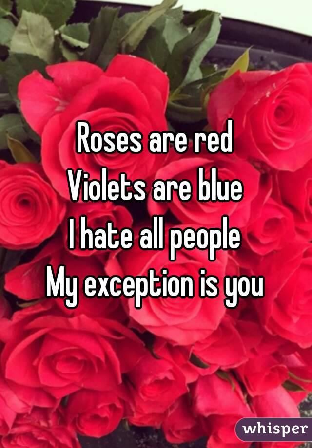 Roses are red Violets are blue I hate all people My exception is you