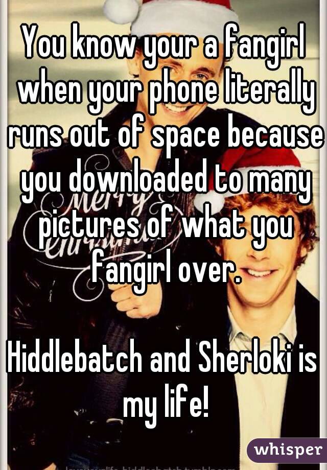 You know your a fangirl when your phone literally runs out of space because you downloaded to many pictures of what you fangirl over.

Hiddlebatch and Sherloki is my life!