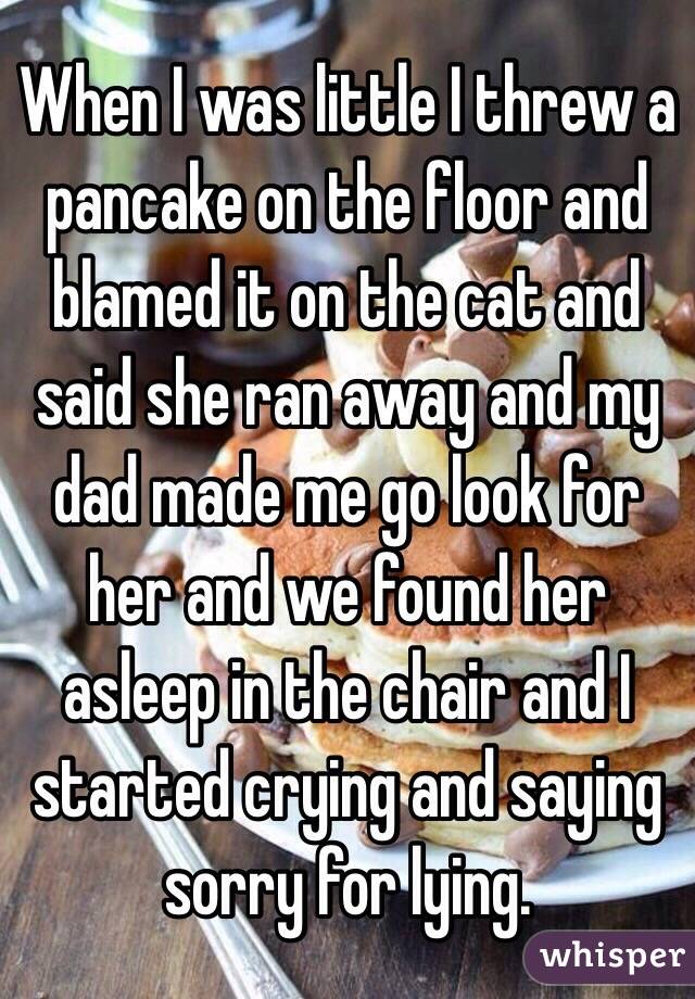 When I was little I threw a pancake on the floor and blamed it on the cat and said she ran away and my dad made me go look for her and we found her asleep in the chair and I started crying and saying sorry for lying.