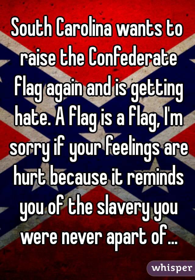 South Carolina wants to raise the Confederate flag again and is getting hate. A flag is a flag, I'm sorry if your feelings are hurt because it reminds you of the slavery you were never apart of...