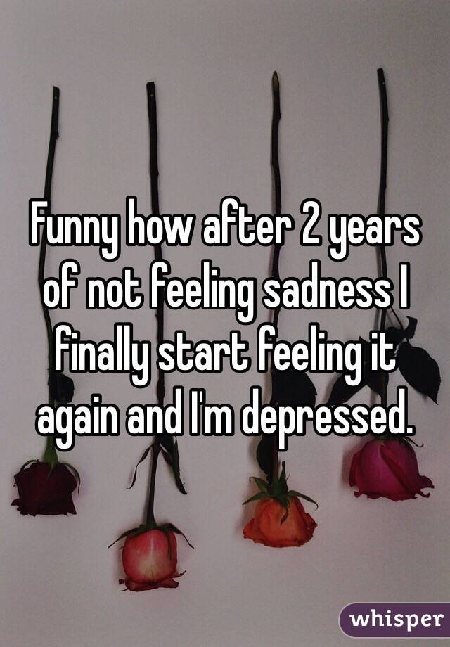 Funny how after 2 years of not feeling sadness I finally start feeling it again and I'm depressed.